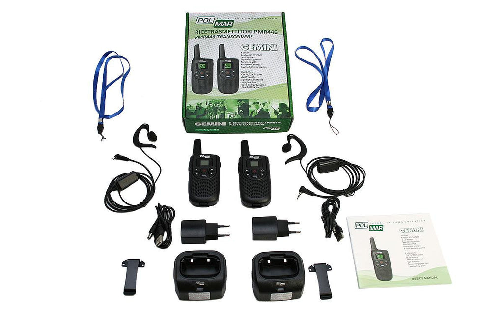 Pack de 2 rádios comunicadores PMR-446 de utilização livre, 16 canais.