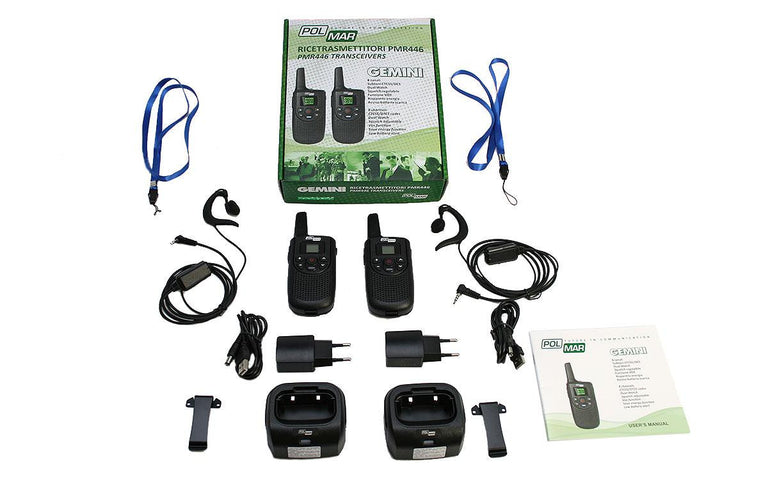 Pack de 2 rádios comunicadores PMR-446 de utilização livre, 16 canais.