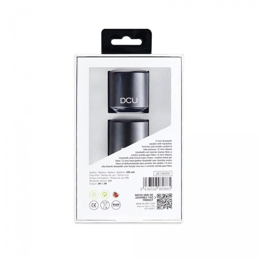 Pack of 2 mini Bluetooth speakers with hands-free function and remote control for photos.