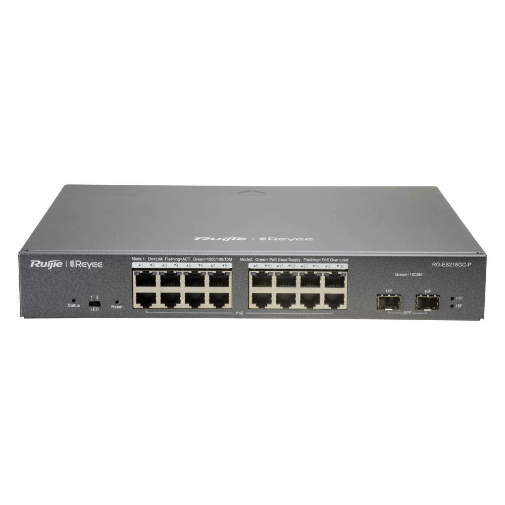 Switch PoE gerido na cloud Reyee L2 - 16 portas PoE 802.3af/at + 2 SFP 10/100/1000 Mbps