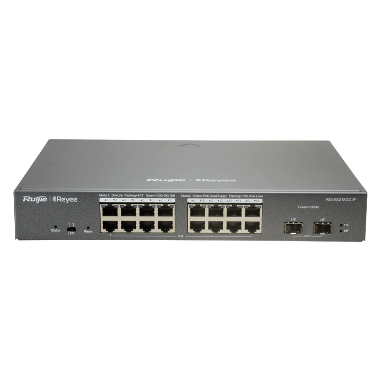 Switch PoE gerido na cloud Reyee L2 - 16 portas PoE 802.3af/at + 2 SFP 10/100/1000 Mbps