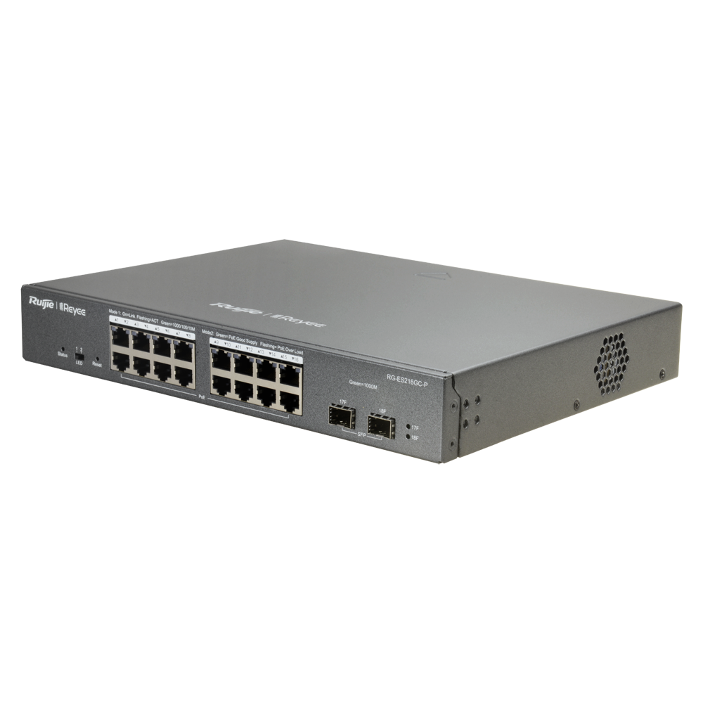 Switch PoE gerido na cloud Reyee L2 - 16 portas PoE 802.3af/at + 2 SFP 10/100/1000 Mbps