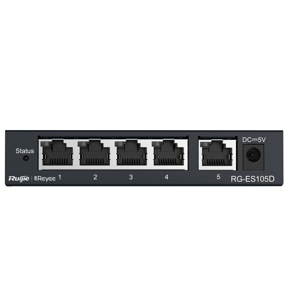 Switch de secretária Reyee com caixa metálica, 5 portas RJ45 e velocidade de 10/100 Mbps