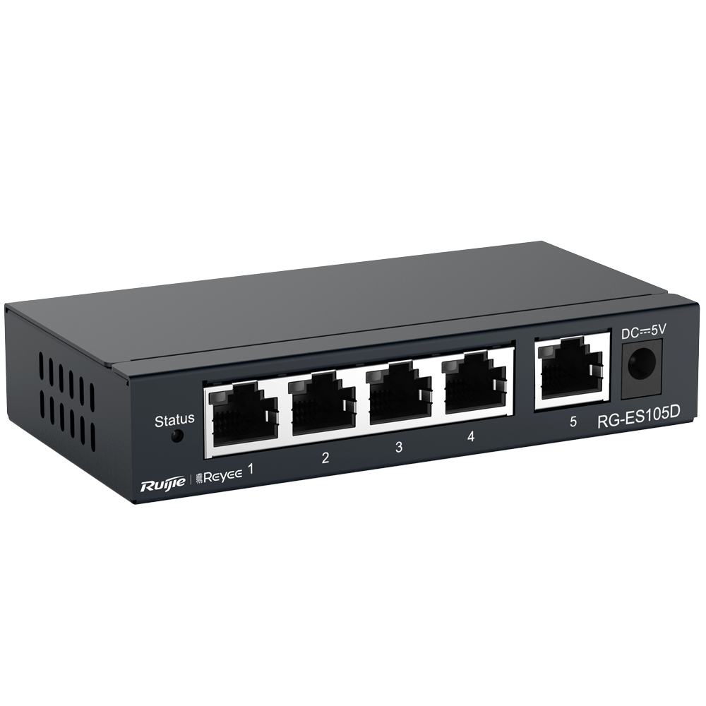 Switch de secretária Reyee com caixa metálica, 5 portas RJ45 e velocidade de 10/100 Mbps