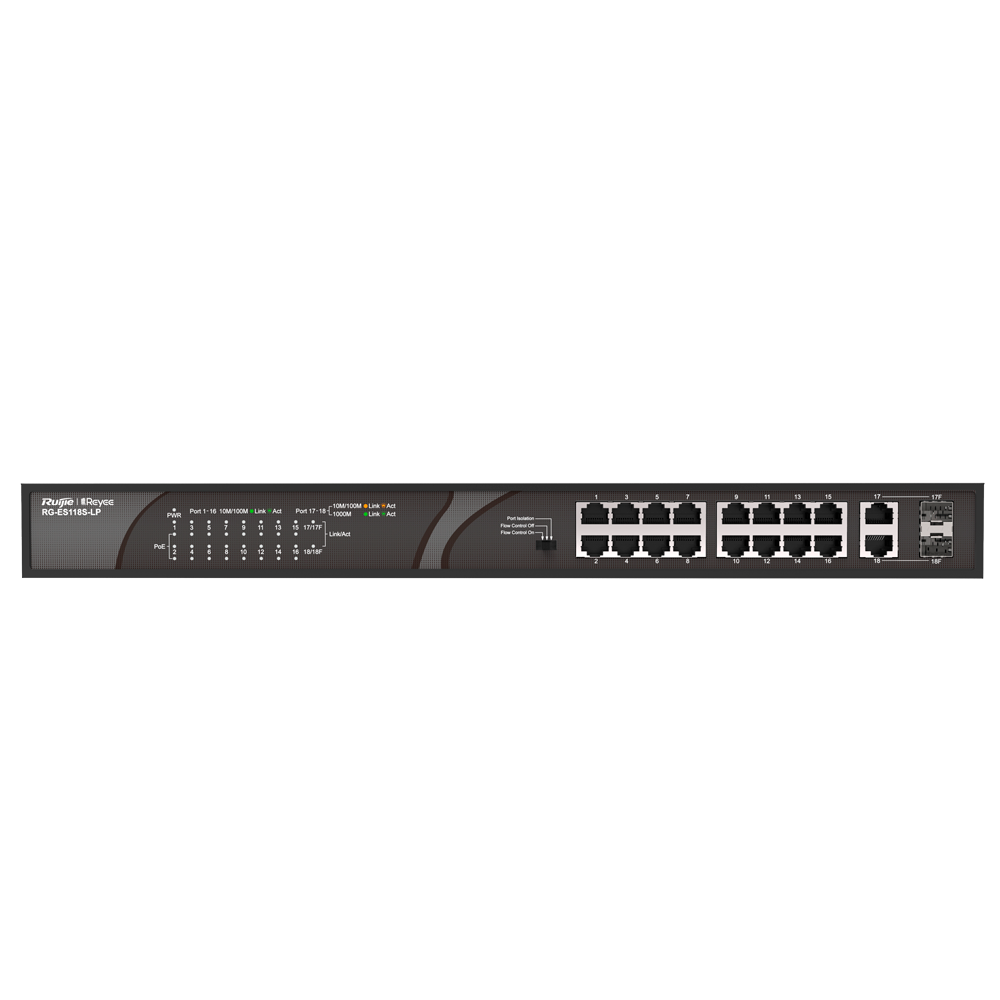Switch PoE de secretária Reyee com caixa metálica, 16 portas RJ45 10/100 Mbps + 2 uplinks Gigabit