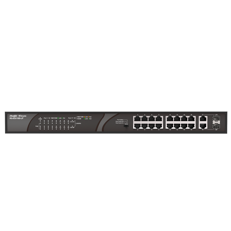 Switch PoE de secretária Reyee com caixa metálica, 16 portas RJ45 10/100 Mbps + 2 uplinks Gigabit