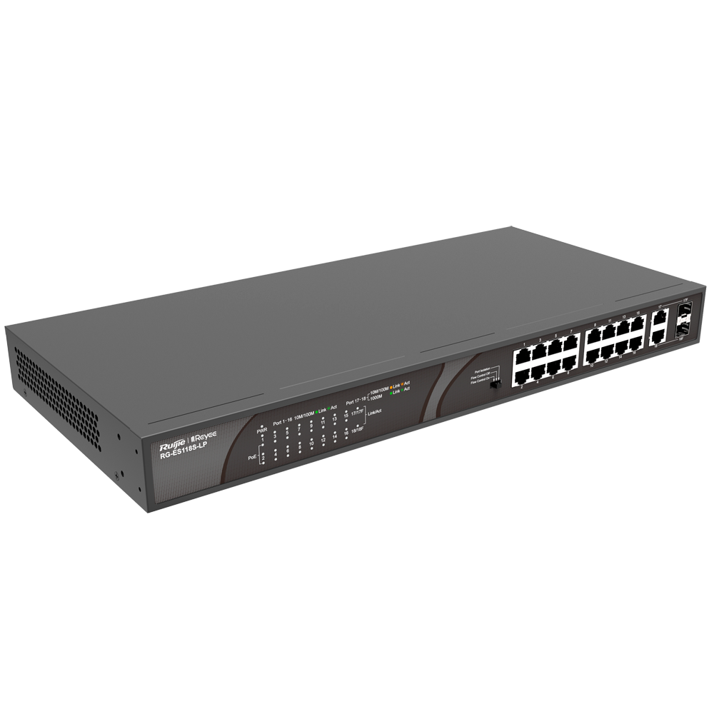 Switch PoE de secretária Reyee com caixa metálica, 16 portas RJ45 10/100 Mbps + 2 uplinks Gigabit