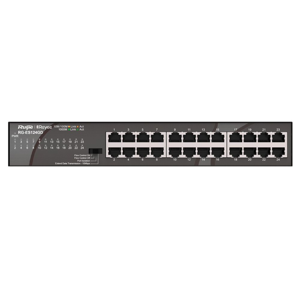 Switch de secretária Gigabit Reyee de 24 portas com caixa metálica e suporte para rack.