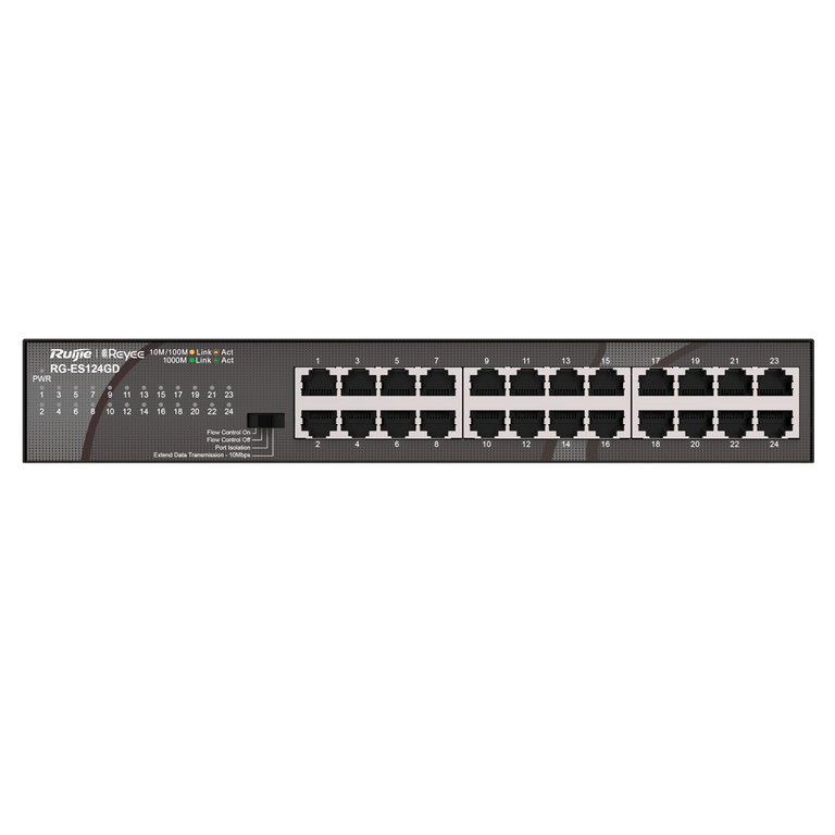 Switch de secretária Gigabit Reyee de 24 portas com caixa metálica e suporte para rack.