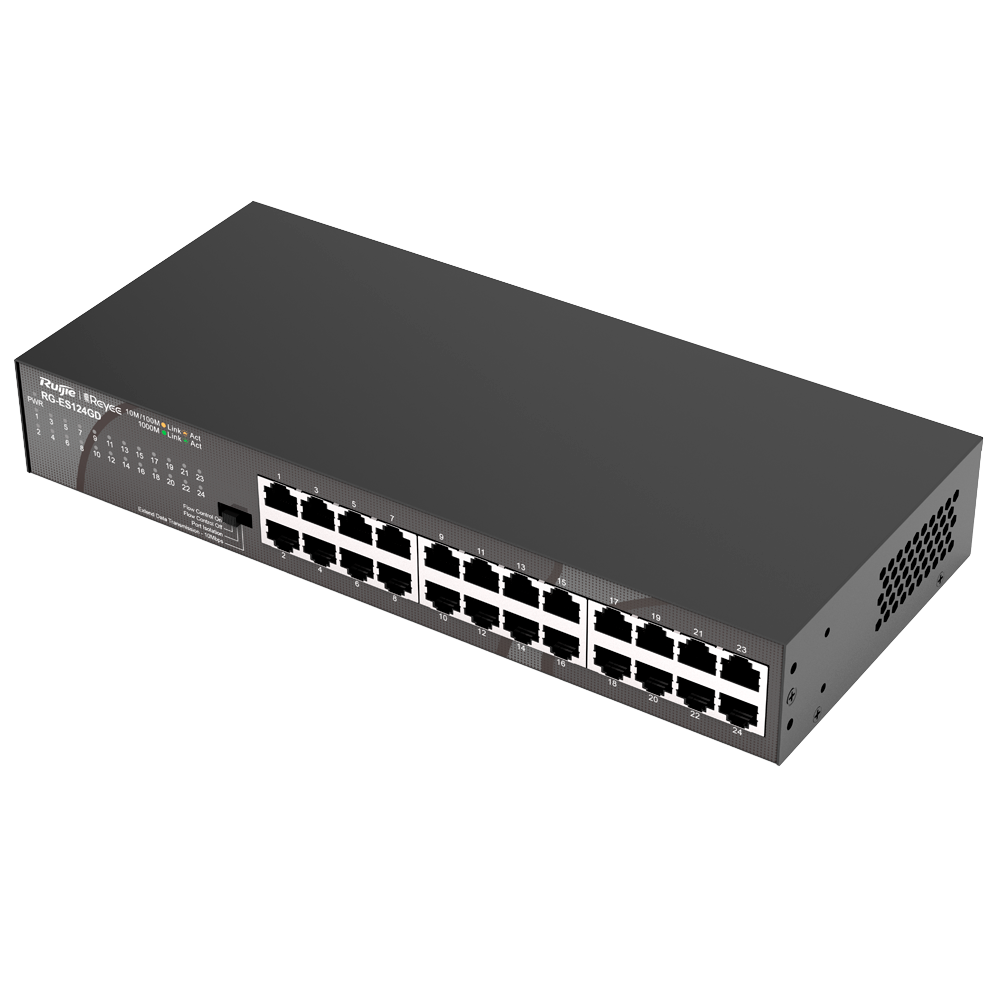 Switch de secretária Gigabit Reyee de 24 portas com caixa metálica e suporte para rack.