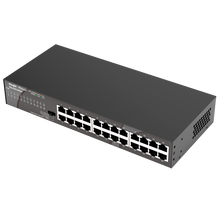 Switch de secretária Gigabit Reyee de 24 portas com caixa metálica e suporte para rack.