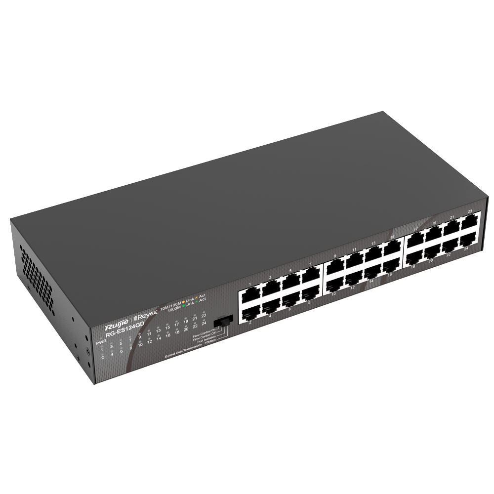 Switch de secretária Gigabit Reyee de 24 portas com caixa metálica e suporte para rack.