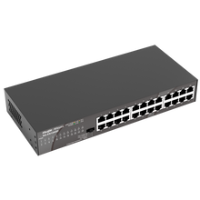 Switch de secretária Gigabit Reyee de 24 portas com caixa metálica e suporte para rack.