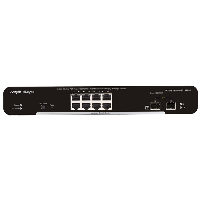 Reyee Switch PoE Cloud Capa 2 de 8 puertos PoE+ Gigabit+ 2 SFP Gigabit hasta un Máximo 125W