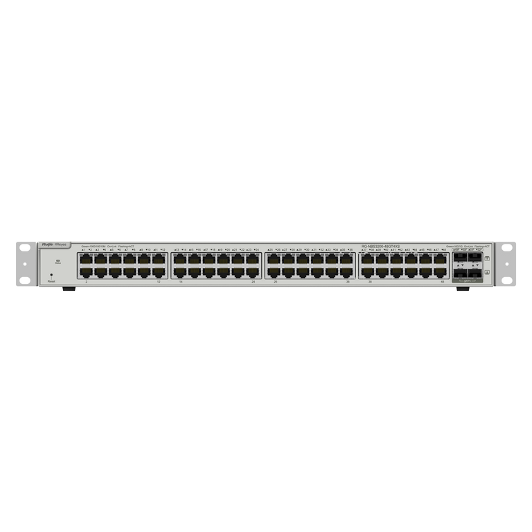 Switch Reyee Cloud Layer 2+ com 48 portas Gigabit RJ45 e 4 portas SFP+ de 10 Gbps para montagem em rack.