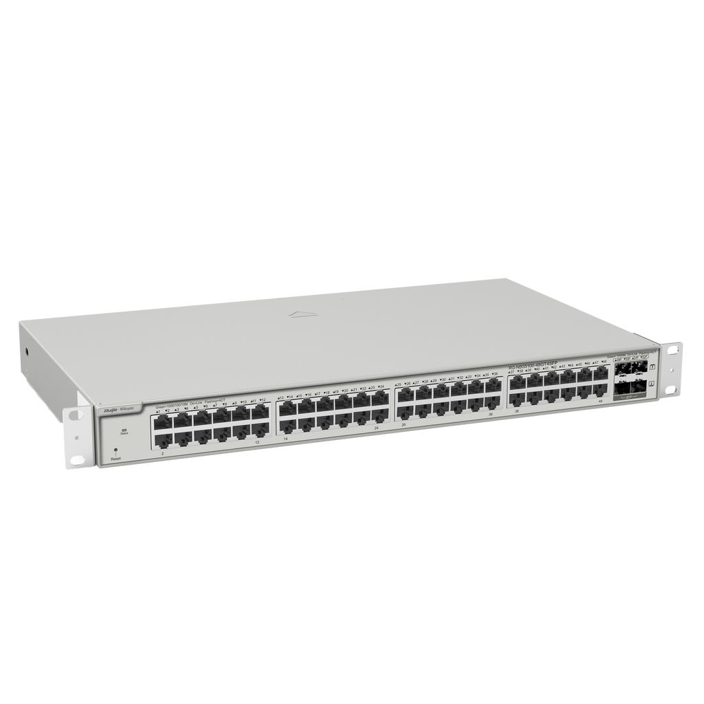 Switch cloud Reyee Layer 2+ com 48 portas Gigabit RJ45 e 4 portas Gigabit SFP (gerenciável L2+)