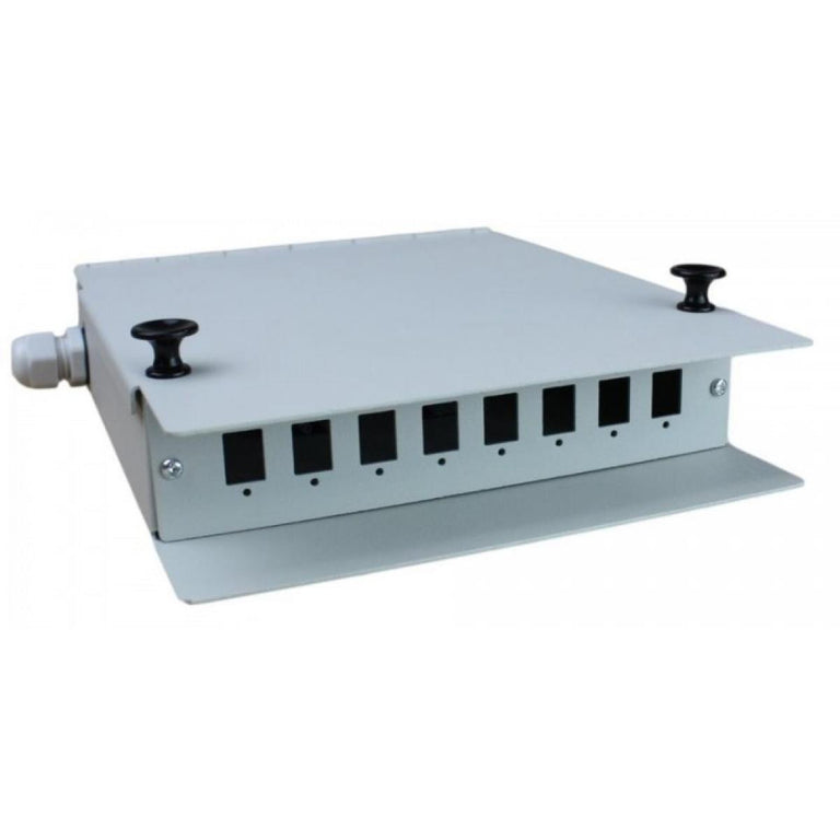 Metal wall box for 8 SC Simplex / LC Duplex. For mounting on a wall or inside a cabinet.