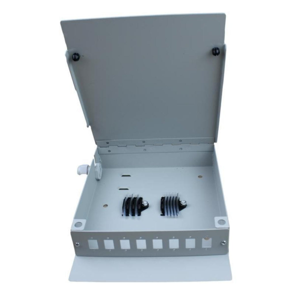 Metal wall box for 8 SC Simplex / LC Duplex. For mounting on a wall or inside a cabinet.