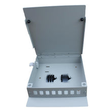Metal wall box for 8 SC Simplex / LC Duplex. For mounting on a wall or inside a cabinet.