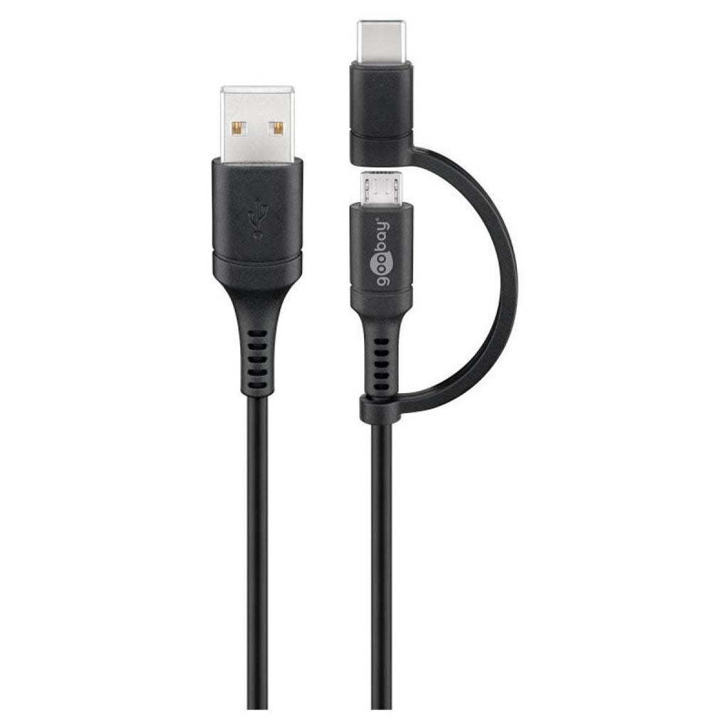 Cabo USB-em-um para carregamento e sincronização com conector USB-A para Micro-USB e adaptador USB-C de 1 m.