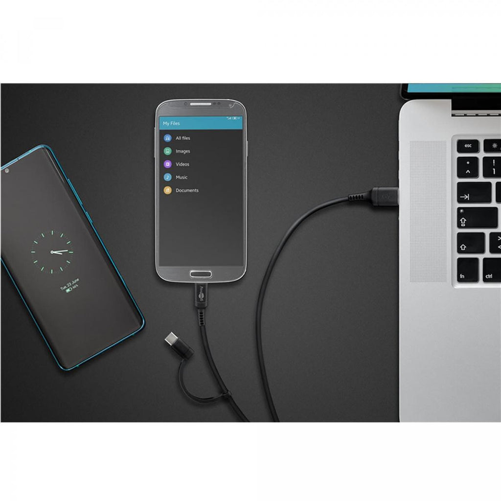 Cabo USB-em-um para carregamento e sincronização com conector USB-A para Micro-USB e adaptador USB-C de 1 m.