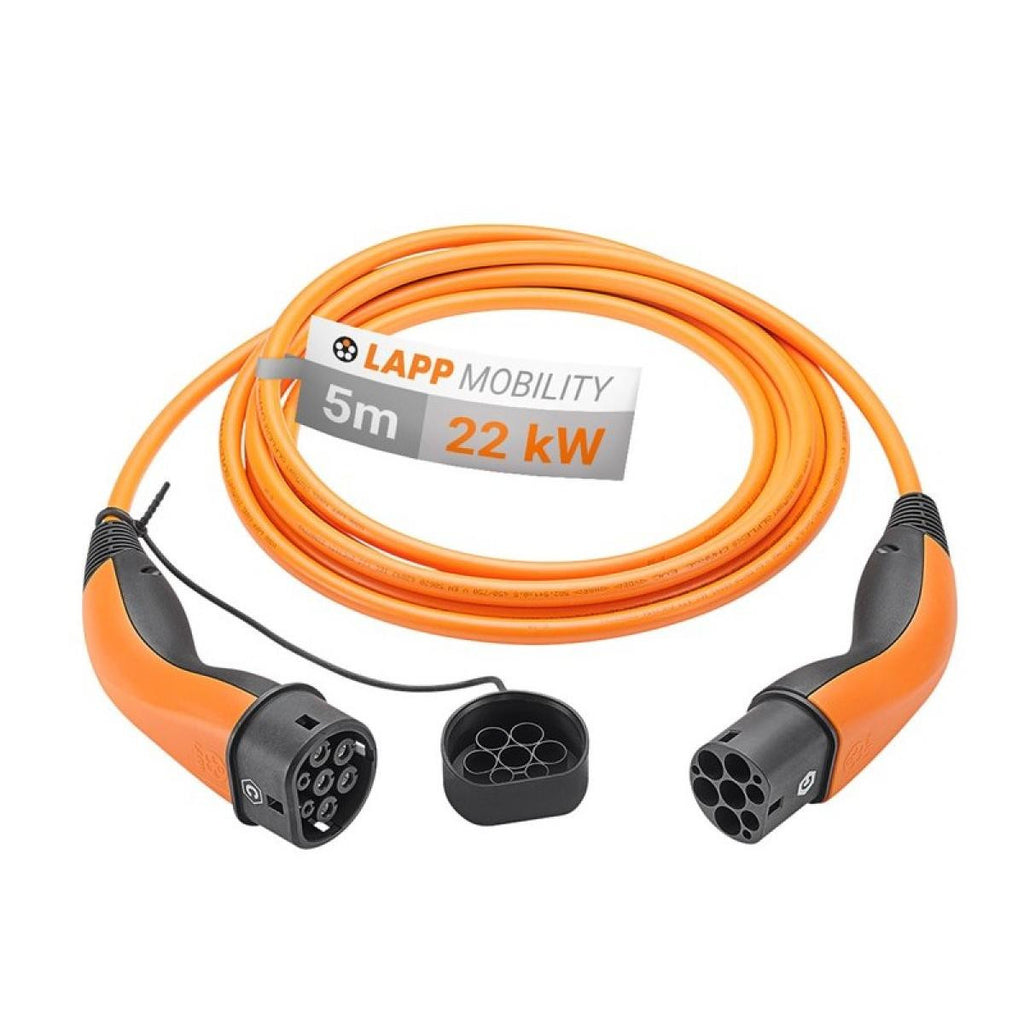 Standard type 2 or Mennekes charging cable, 32A three-phase, 22 kW charging power and 5 m long.