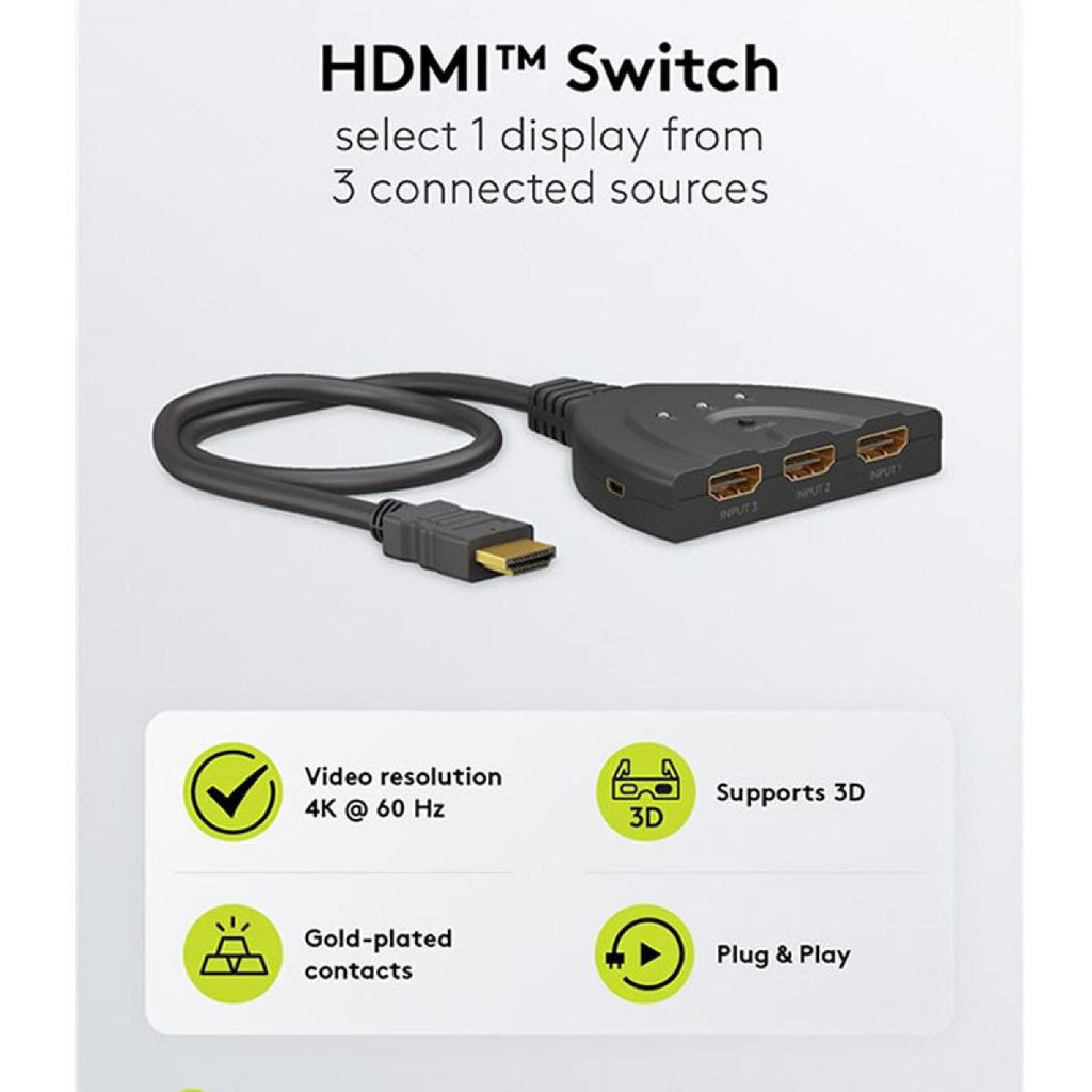 Comutador manual HDMI™ 3 para 1 4K 60Hz, 0,55 m de comprimento, preto 