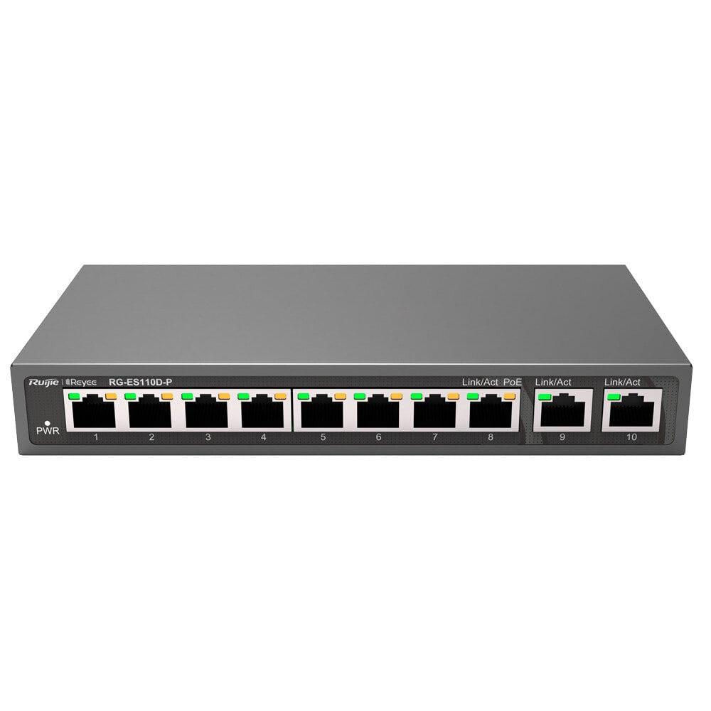 Switch de secretária Reyee PoE de 100 W com 8 portas RJ45 10/100 Mbps + 2 portas de uplink Gigabit e caixa metálica.
