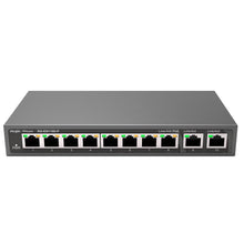 Switch de secretária Reyee PoE de 100 W com 8 portas RJ45 10/100 Mbps + 2 portas de uplink Gigabit e caixa metálica.