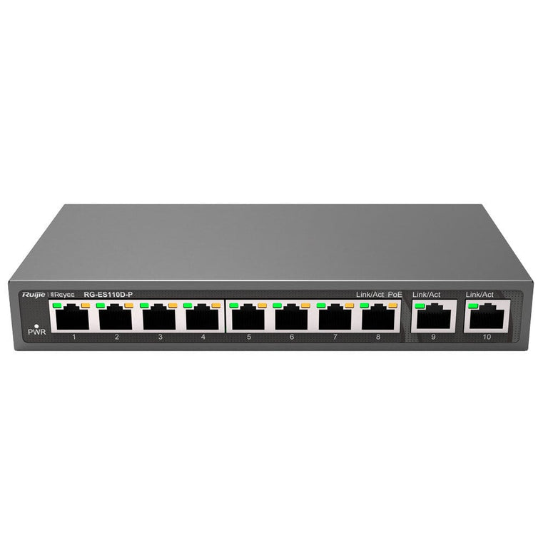 Switch de secretária Reyee PoE de 100 W com 8 portas RJ45 10/100 Mbps + 2 portas de uplink Gigabit e caixa metálica.