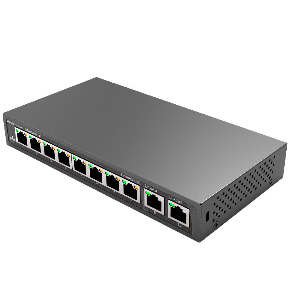 Switch de secretária Reyee PoE de 100 W com 8 portas RJ45 10/100 Mbps + 2 portas de uplink Gigabit e caixa metálica.