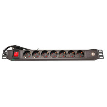 Régua de alimentação com 7 tomadas Schuko + 2 portas USB, com interruptor para montagem em rack de 19" e cabo com 1,8 m de comprimento. 