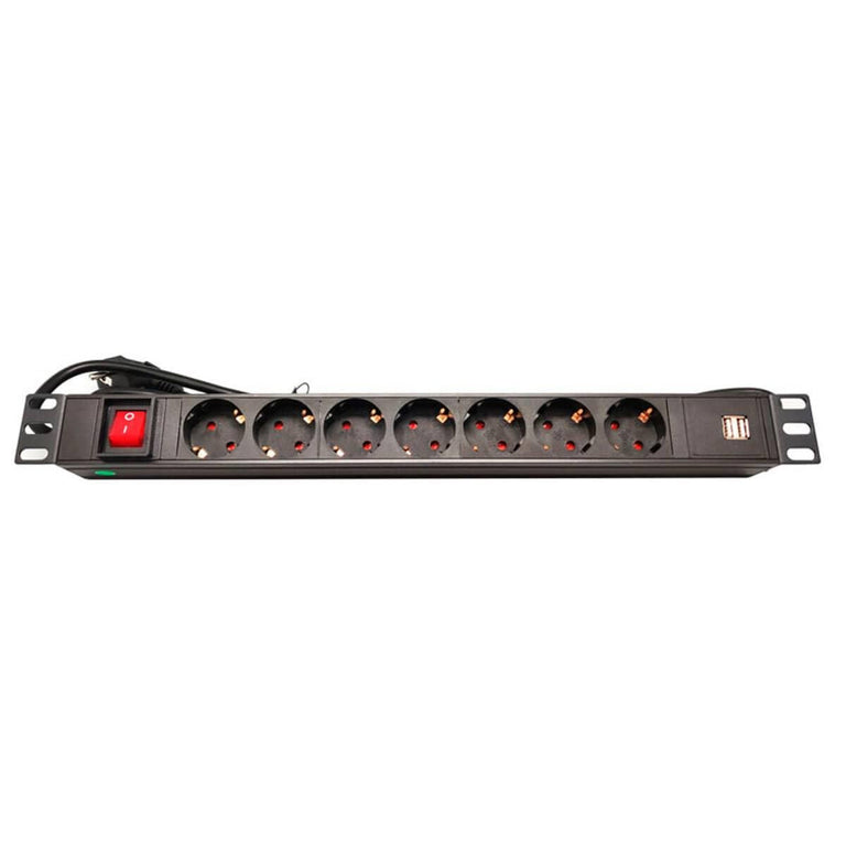 Régua de alimentação com 7 tomadas Schuko + 2 portas USB, com interruptor para montagem em rack de 19" e cabo com 1,8 m de comprimento. 