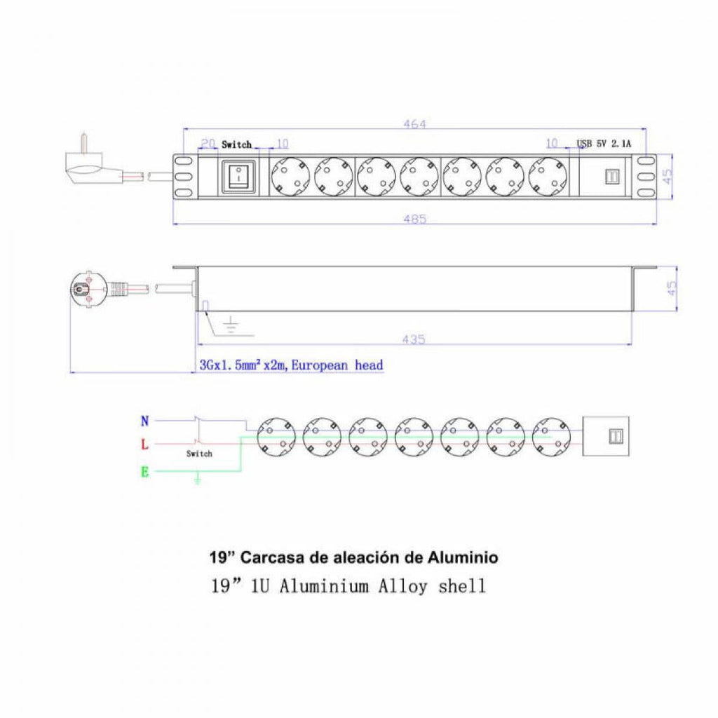 Régua de alimentação com 7 tomadas Schuko + 2 portas USB, com interruptor para montagem em rack de 19" e cabo com 1,8 m de comprimento. 