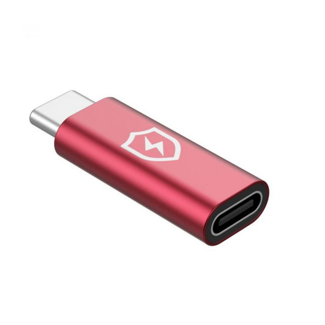 Bloqueador de datos USB-C rojo con escudo y rayo, primer plano del conector macho y la boca hembra