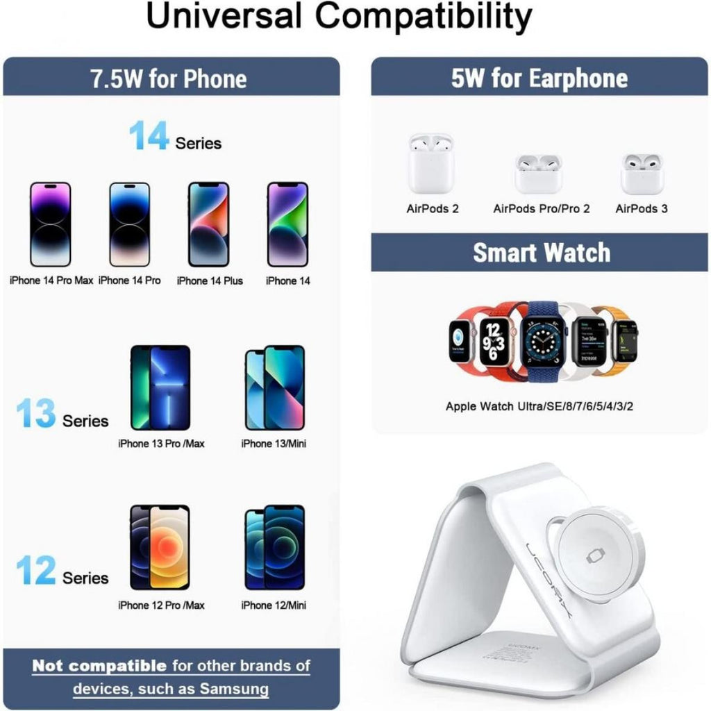 Cargador inalámbrico 3 en 1 para iPhone, estación de carga magnética plegable 3 en 1