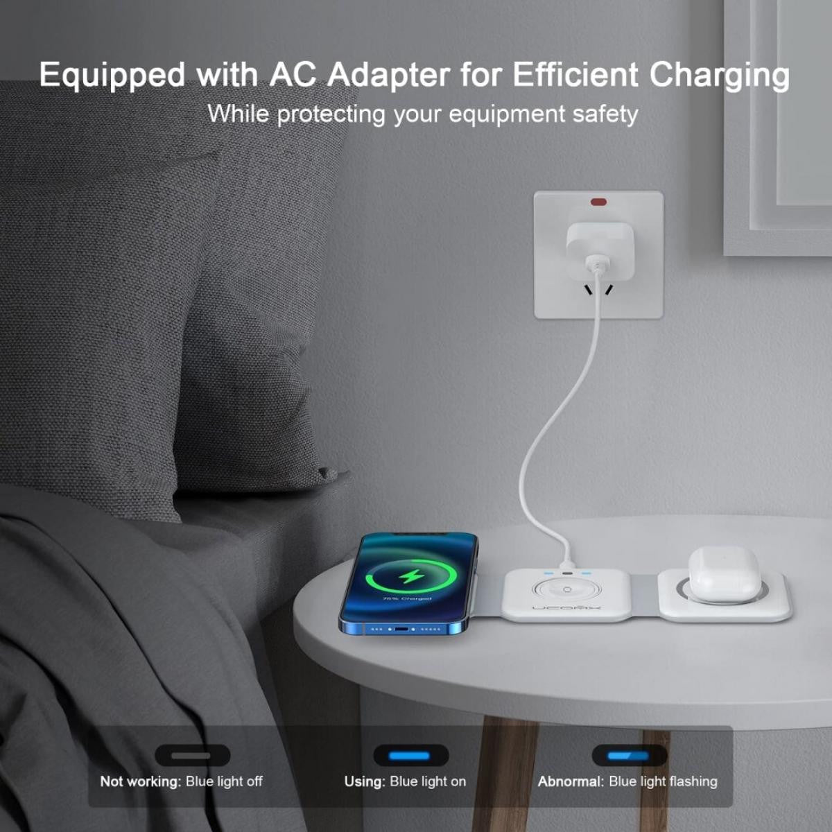 Cargador inalámbrico 3 en 1 para iPhone, estación de carga magnética plegable 3 en 1 | Blanco
