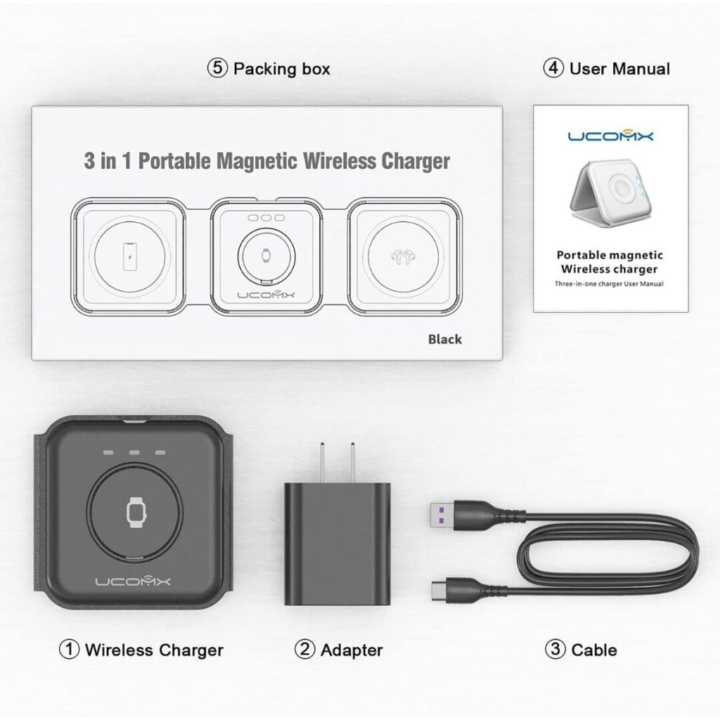 Cargador inalámbrico 3 en 1 para iPhone, estación de carga magnética plegable 3 en 1