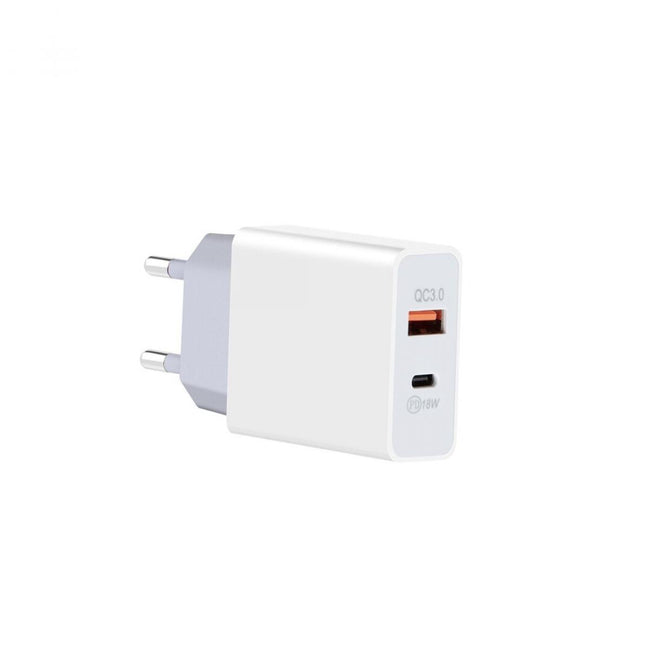 Carregador de parede com carregamento rápido PD de 30 W e 3,4 A | 1 x USB-C 18 W + 1 x USB-A 12 W | Branco 