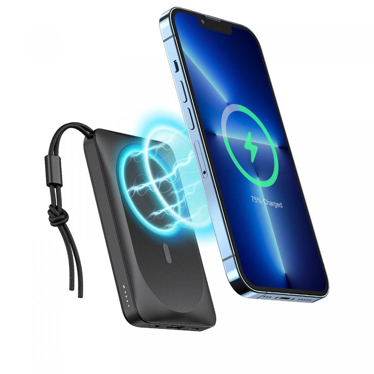 Carregador portátil magnético VEGER para telemóveis com conectores USB-C, Lightning/USB-A e USB-C, e carregamento sem fios. 