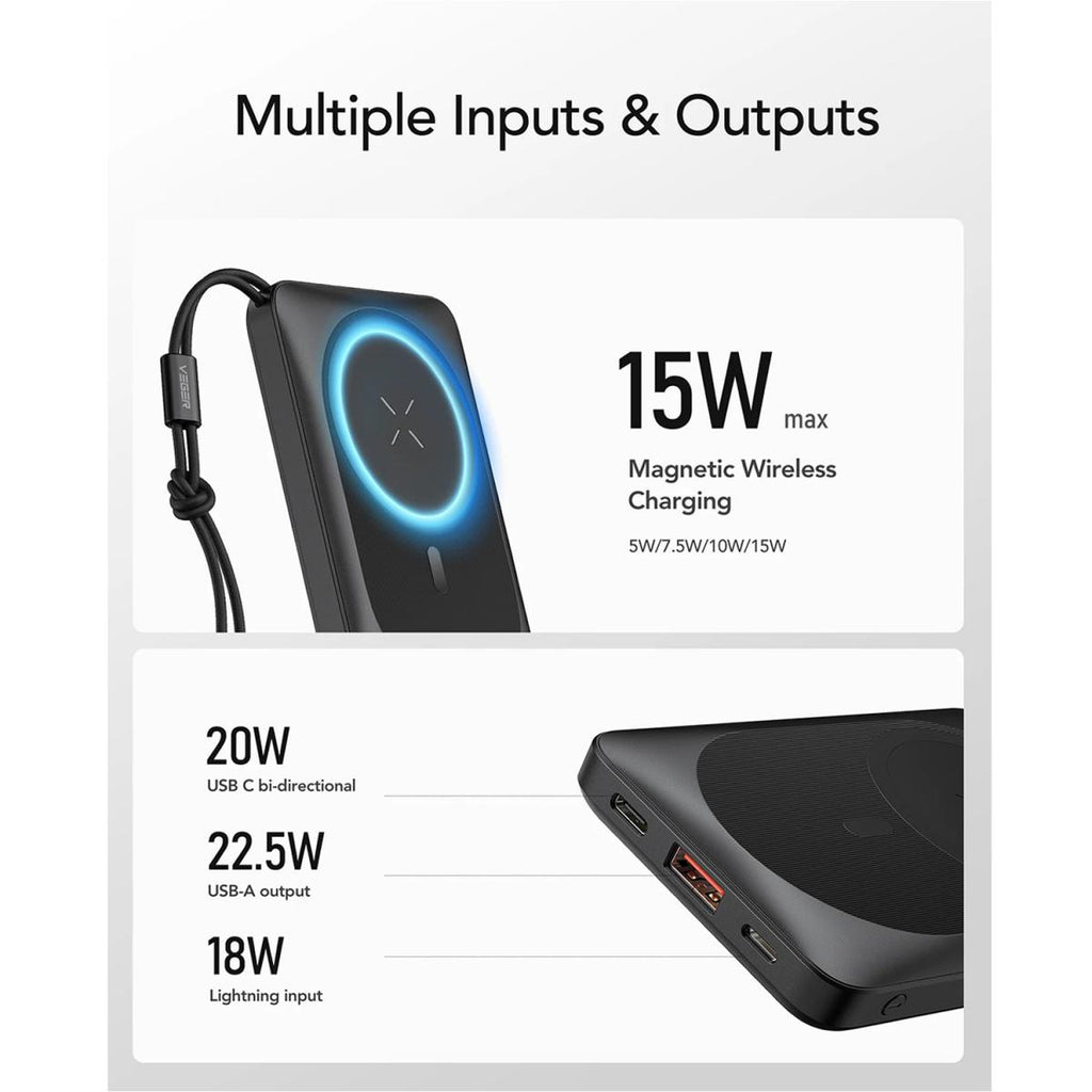 Carregador portátil magnético VEGER para telemóveis com conectores USB-C, Lightning/USB-A e USB-C, e carregamento sem fios. 