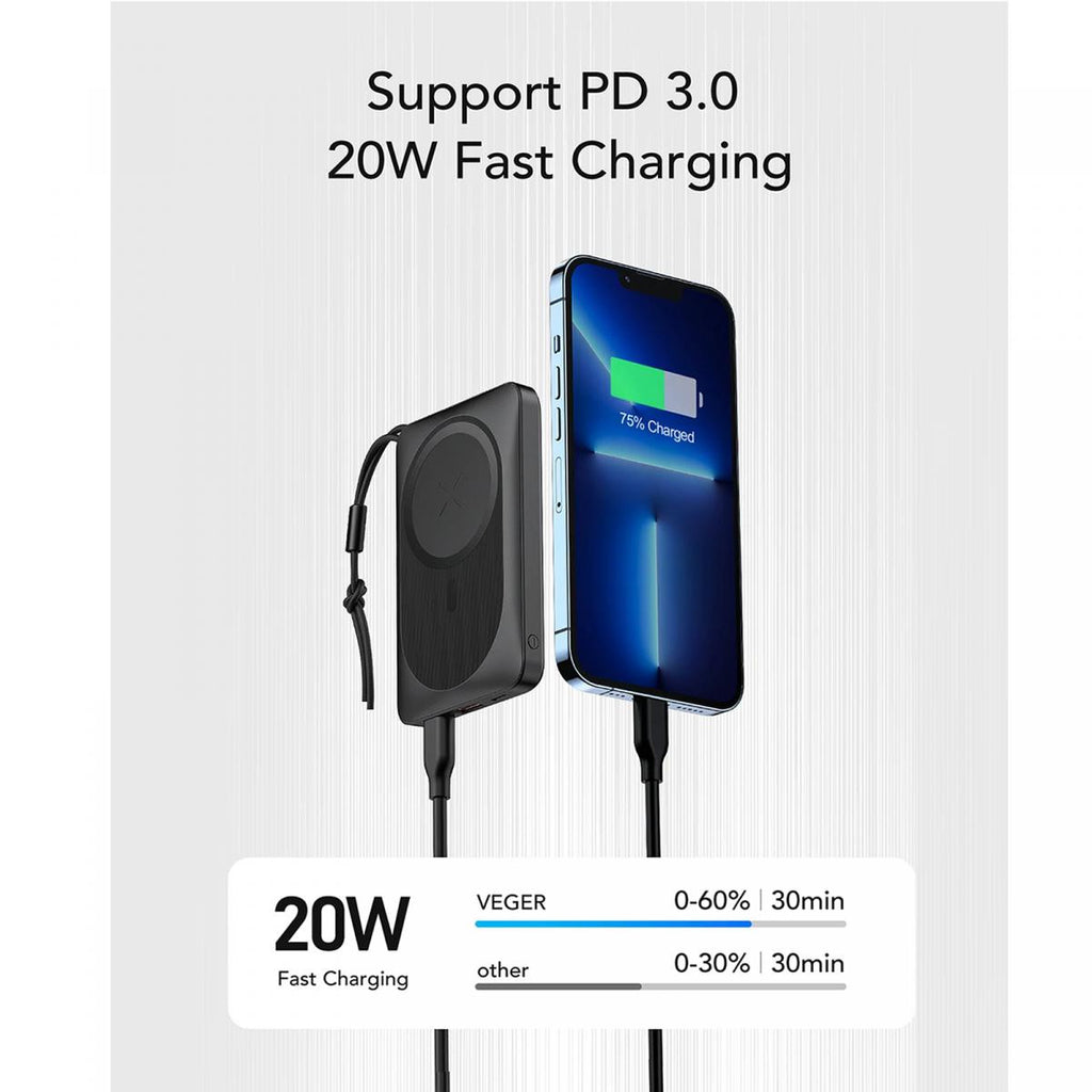 Carregador portátil magnético VEGER para telemóveis com conectores USB-C, Lightning/USB-A e USB-C, e carregamento sem fios. 