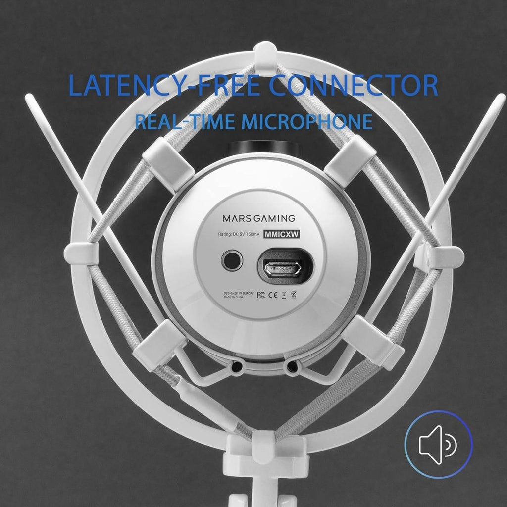 Microfone para streaming MARSGAMING - Estúdio profissional com LED | Função Mudo | USB + Conector de 3,5 mm | Branco 
