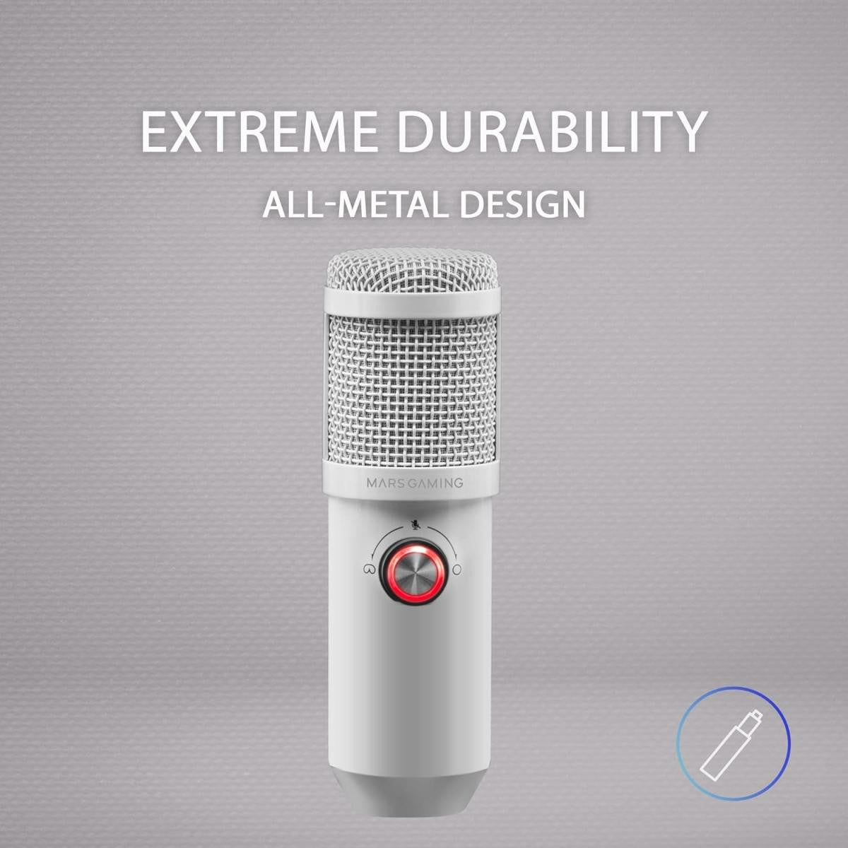 Micrófono Streaming MARSGAMING - Estudio Profesional LED | Mute | USB+Jack 3.5mm | Blanco