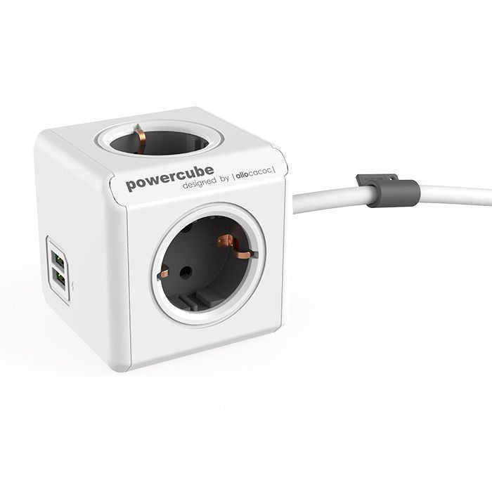 Powercube com 4 tomadas + 2 portas USB-A para carregamento | Cabo de 1,5 m | Branco