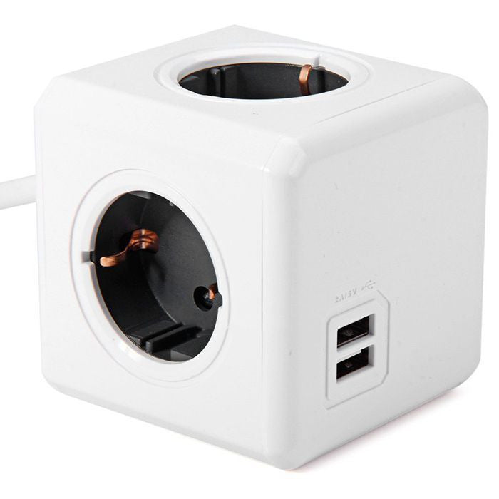 Powercube com 4 tomadas + 2 portas USB-A para carregamento | Cabo de 1,5 m | Branco