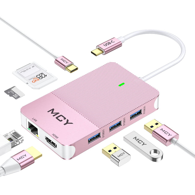 Base USB-C com 1 porta USB-C, 1 DisplayPort, 2 HDMI, 1 slot para cartão microSD, 1 slot para cartão SD, 1 porta RJ45, 3.0 e 4 portas USB 3.1. 