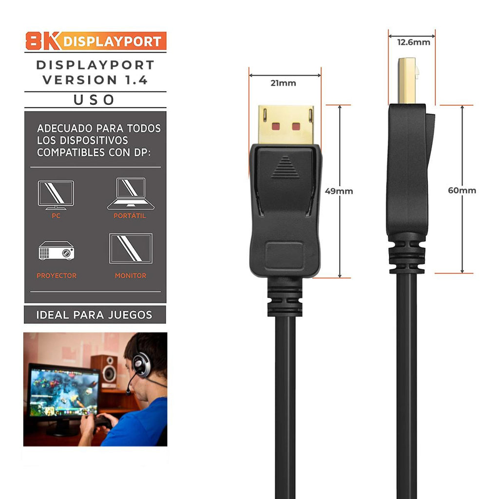 DisplayPort Cable v1.4 | 8K a 30Hz | 5K a 60Hz | 4K a 120Hz | Compatível com HDCP 2.2 | 3D e HDR Dinâmico - Vários Comprimentos 