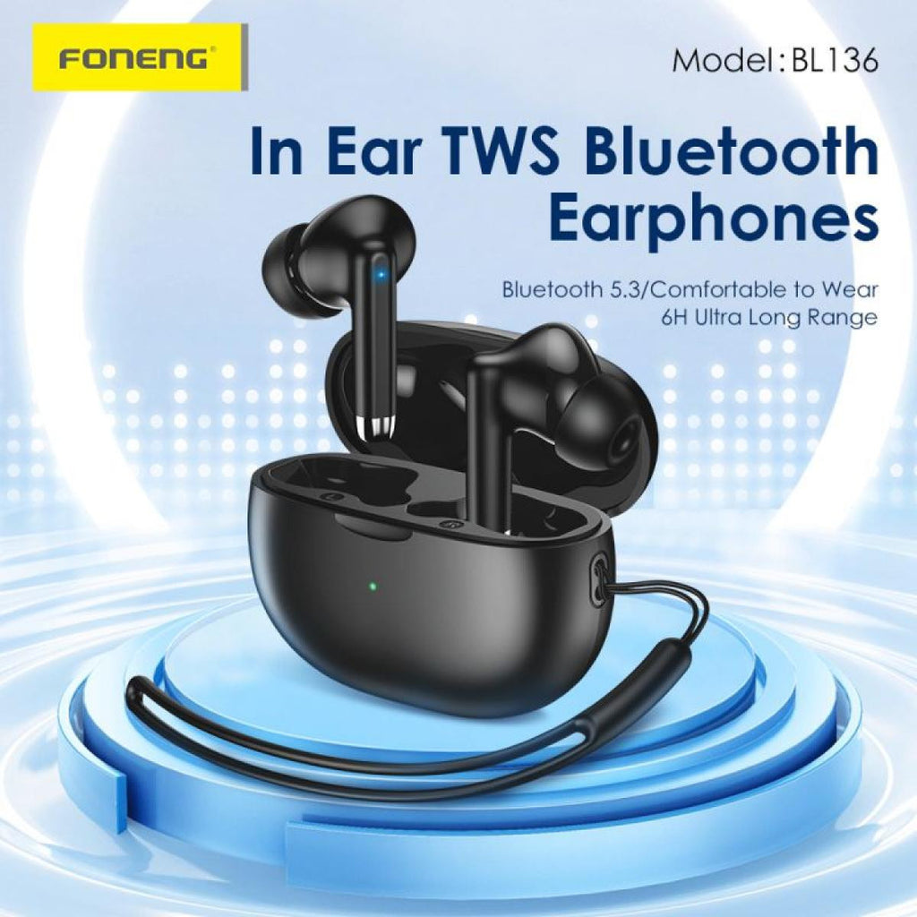 TWS Wireless Earphones with Lanyard for Headphones and Bluetooth 5.3 - White or Black