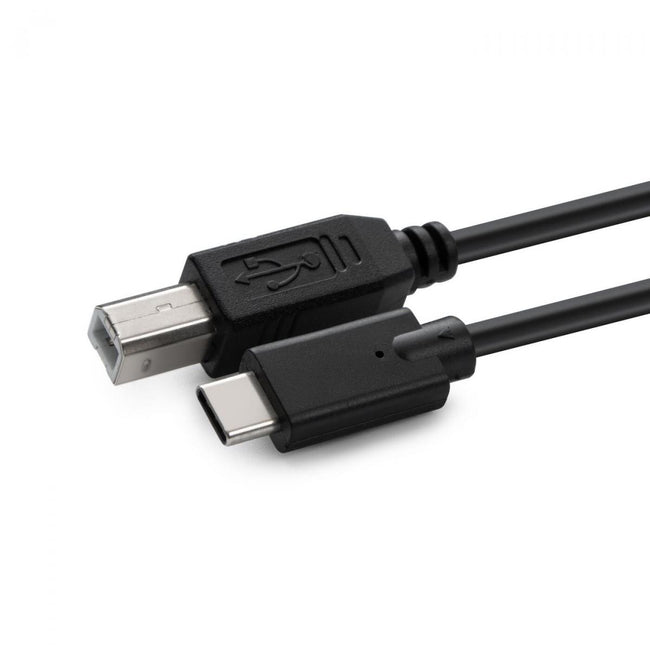 Black USB-C to USB type B cable in perspective, with the printer USB-B connector and the male USB-C